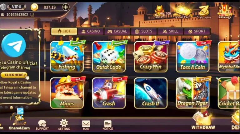 Royal X Casino game dashboard